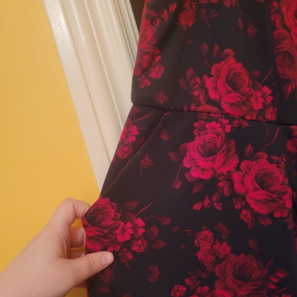 Black & Red Floral Scuba Skater Dress w/ Hidden Front Pockets, Sweetheart Neck - Picture 5 of 15
